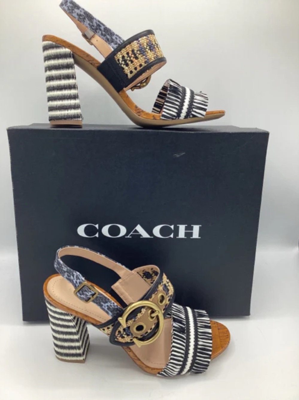Coach Sz 8.5 Robin C Buckle Raffia Slingback Sandal Shoe